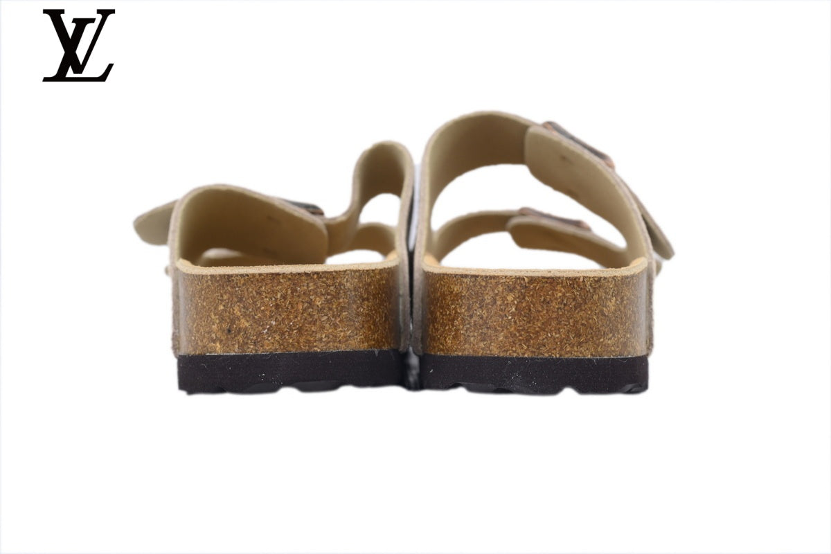 Birkenstock Slide Sandal in Off-White Suede with Double Buckle and Cork Footbed