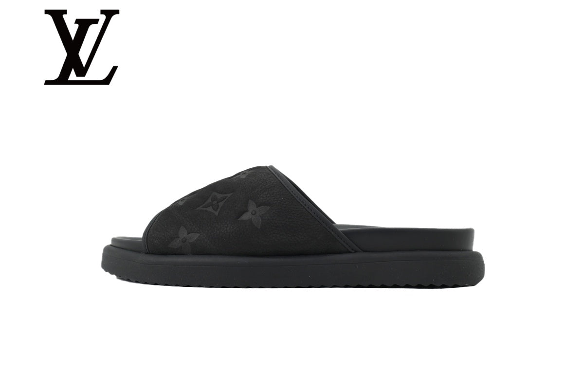 Black Monogram-Pattern Slide Sandals | Sizes 38–46