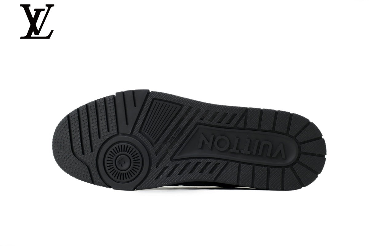 Louis Vuitton Trainer Sneaker – All-Black Leather with Rhinestone Embellishment