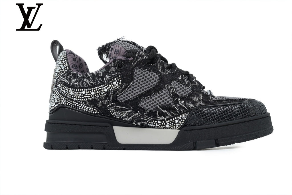 Louis Vuitton Trainer Sneaker – Black Mesh with Rhinestone Embellishment