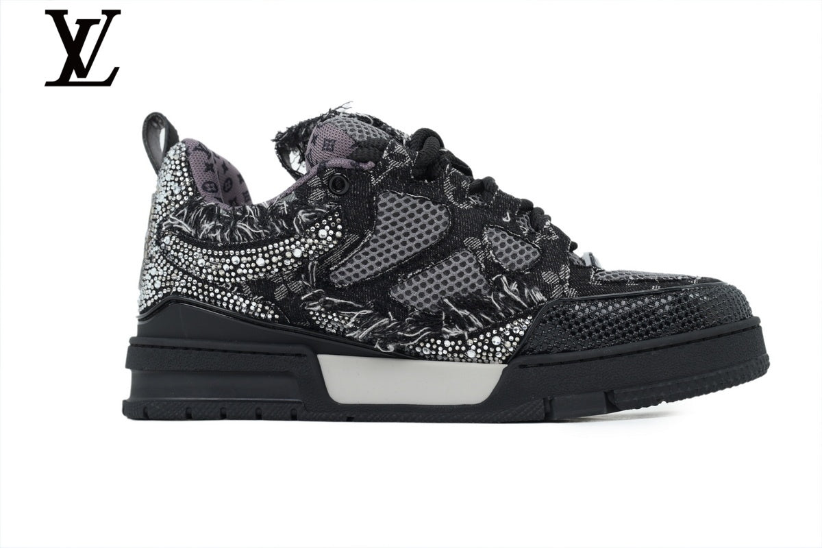 Louis Vuitton Trainer Sneaker – Black Mesh with Rhinestone Embellishment