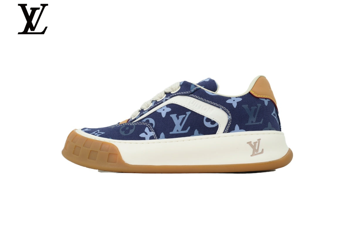 Louis Vuitton Low Top Sneaker in Blue Monogram Canvas with White Leather Trim and Gum Sole