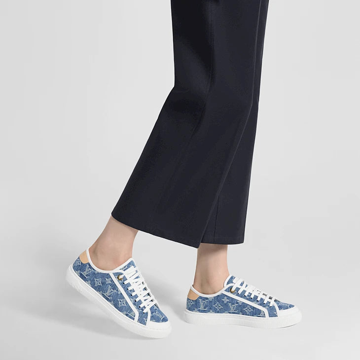 Blue Denim-Look Monogram-Pattern Low-Top Sneakers