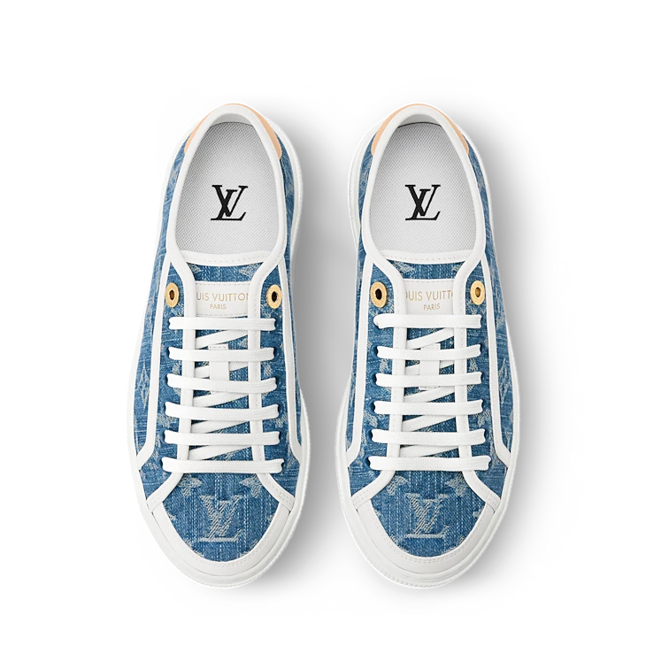 Blue Denim-Look Monogram-Pattern Low-Top Sneakers
