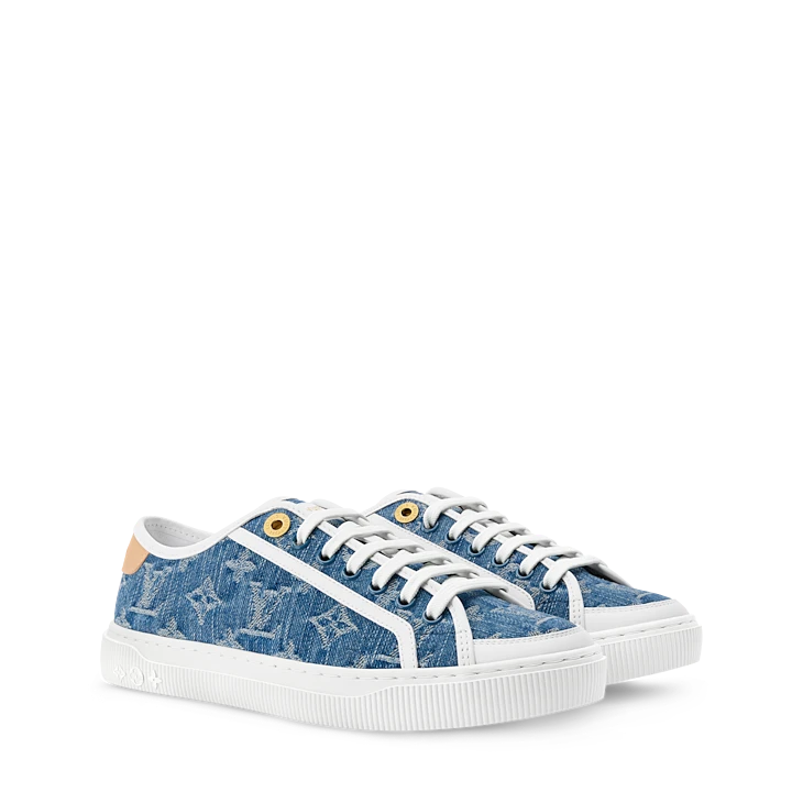 Blue Denim-Look Monogram-Pattern Low-Top Sneakers