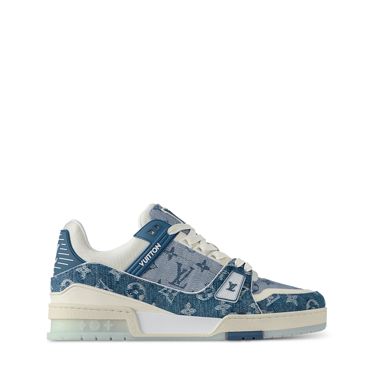 Blue Denim-Look Monogram-Pattern Trainer Sneakers