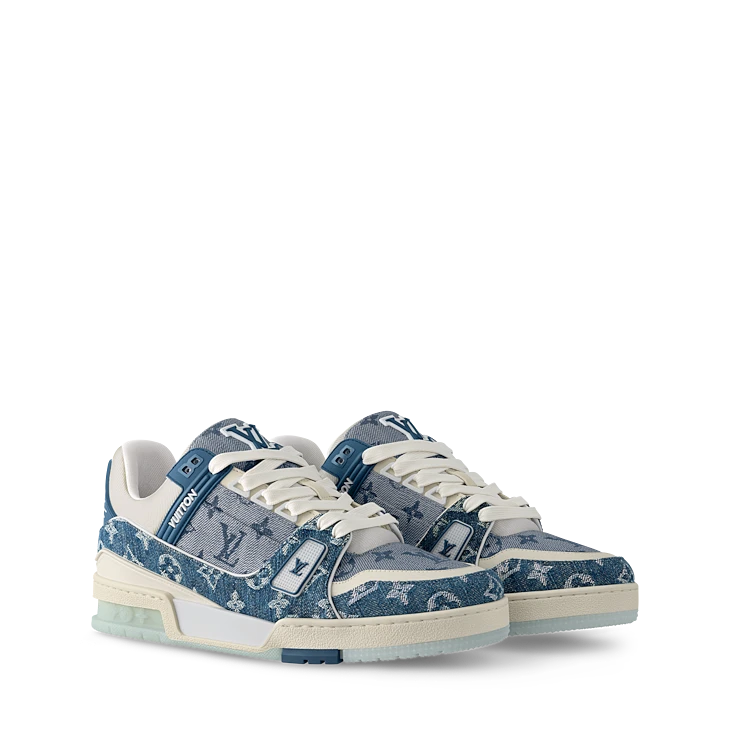 Blue Denim-Look Monogram-Pattern Trainer Sneakers