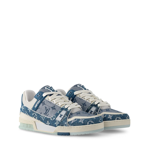 Blue Denim-Look Monogram-Pattern Trainer Sneakers