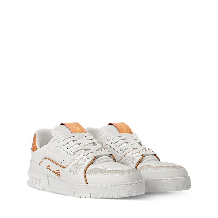 White & Orange Monogram-Pattern Trainer Sneakers